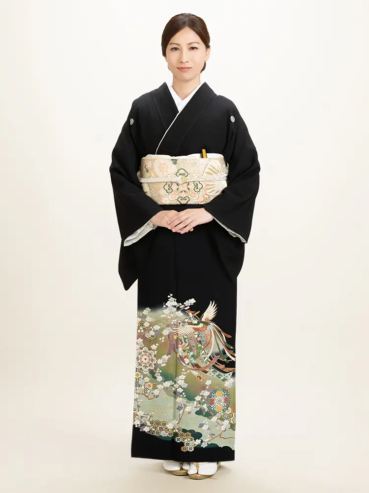 黒留リメイ　ワンピース　黒留袖　金彩吉祥紋 黒留袖／吉祥文様 梅に鳳凰（AM0952）｜都民共済 モーニング・留袖