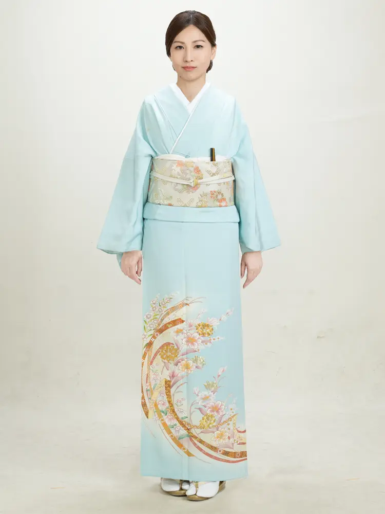 色留袖／水色地に流水花文（IM0112）